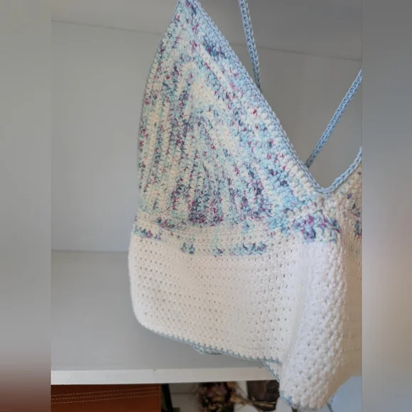 Handmade Crocheted Bralette Tank Top Cropped Blue White Speckle Sz Medium - Picture 9 of 10